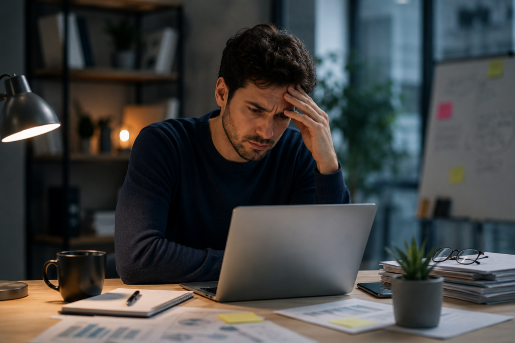 Personne en situation de doute au travail face à ses compétences et réflexion professionnelle