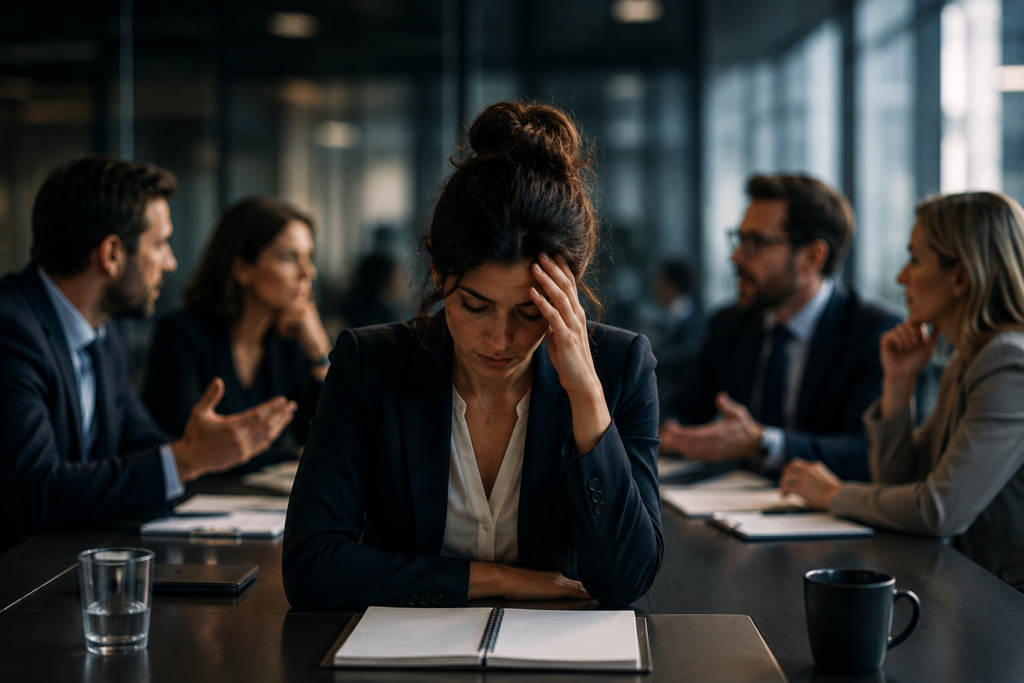 Personne stressée en réunion avec blocage de la parole et anxiété au travail