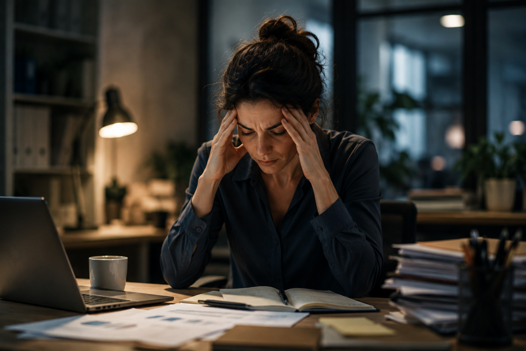 Personne en situation de stress au travail avec fatigue mentale et surcharge professionnelle
